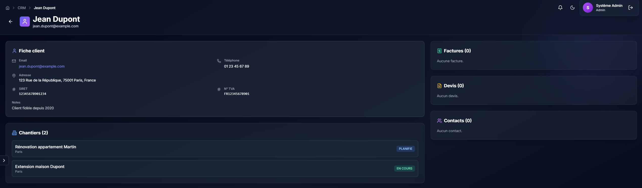 Aperçu : CRM Intégré dans Chantiax